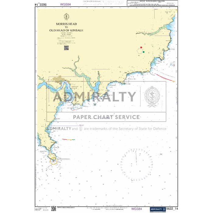 The Admiralty Small Craft Charts - 5622 - Ireland, South, Waterford to Kinsale is perfect for coastal navigation around Morris Head and the Old Head of Kinsale. This detailed chart includes depth markings, coastal contours, navigational aids, and annotations. Ideal for maritime experts, it features Admiralty logos and delivers essential information for marine navigation in this region.