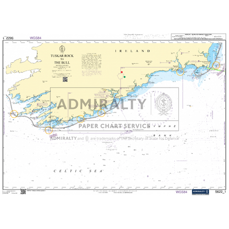 The Admiralty Small Craft Chart 5622_1: Tuskar Rock to The Bull displays the southeastern coast of Ireland and its maritime features, emphasizing navigational details, water depths, and coastal information. This chart includes the Admiralty watermark and is designed for MCA Code vessels utilizing navigation aids.