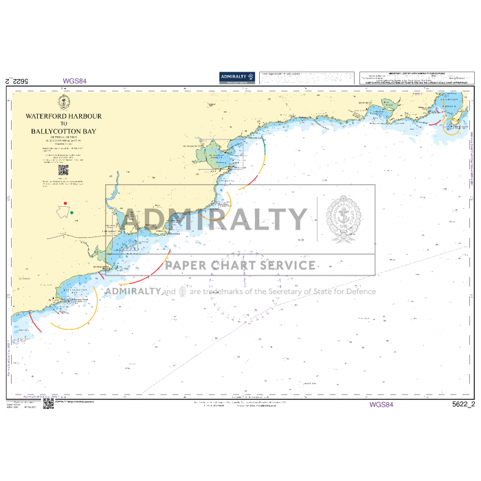 The Admiralty Small Craft Charts - 5622 - Ireland, South, Waterford to Kinsale is a nautical chart designed for coastal navigation, depicting Waterford Harbour and Ballycotton Bay. This detailed chart includes coastlines, depth contours, navigational aids, and landmarks. The title and chart information are clearly labeled with logos from the Admiralty Paper Chart Service.