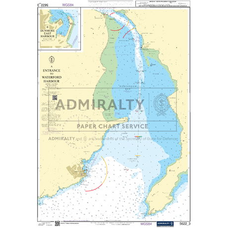 The "Admiralty Small Craft Chart - 5622 - Ireland, South, Waterford to Kinsale" is designed for maritime experts and coastal navigation enthusiasts. It provides a detailed nautical depiction of the entrance to Waterford Harbour, featuring specifics on water depths, land elevations, and harbor facilities. Additionally, the chart includes an inset map of Dunmore Harbour and is marked with various navigational aids and symbols under the esteemed Admiralty brand.