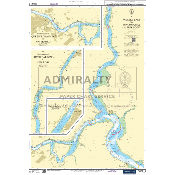 The Admiralty Small Craft Chart 5622, titled "Ireland, South, Waterford to Kinsale," is an ideal resource for maritime experts. This chart includes detailed maps of Queen's Channel in Waterford and the River Barrow near New Ross. It features various navigational markers and depth indicators, with text and coordinates along the edges to facilitate precise coastal navigation.