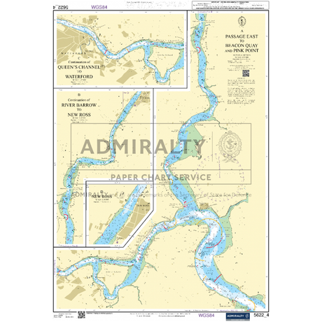 The Admiralty Small Craft Chart 5622, titled "Ireland, South, Waterford to Kinsale," is an ideal resource for maritime experts. This chart includes detailed maps of Queen's Channel in Waterford and the River Barrow near New Ross. It features various navigational markers and depth indicators, with text and coordinates along the edges to facilitate precise coastal navigation.