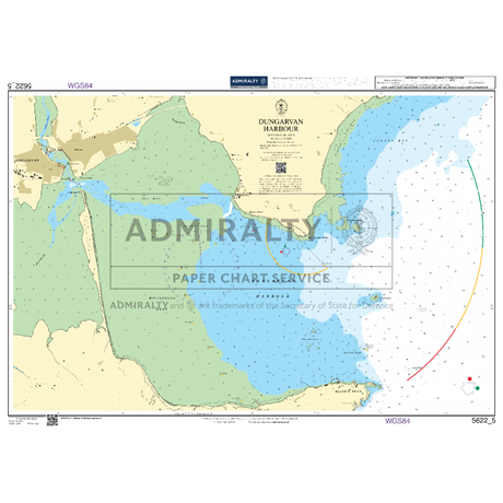 The **Admiralty Small Craft Chart - 5622** showcases Dungarvan Harbour, ideal for coastal navigation. This chart includes detailed information on water depths, navigational aids, and surrounding land masses featuring various symbols that mark hazards, anchorages, and bathymetric contours. Produced by the **Admiralty**, this chart is perfect for maritime experts.