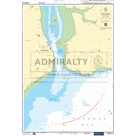 The Admiralty Small Craft Chart 5622_6: Youghal, by the UK Hydrographic Office, highlights the coastal area around Youghal, Ireland. It includes water depths, tidal information, navigational aids, and coastal details with indications for shipping routes and geographic coordinates.