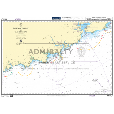 A nautical chart titled "Admiralty Small Craft Charts - 5622 - Ireland, South, Waterford to Kinsale," from the Admiralty series, perfect for maritime experts engaged in coastal navigation. It shows detailed coastal features, navigational routes, and depth measurements along the coast. The chart is labeled with relevant geographic and maritime information.