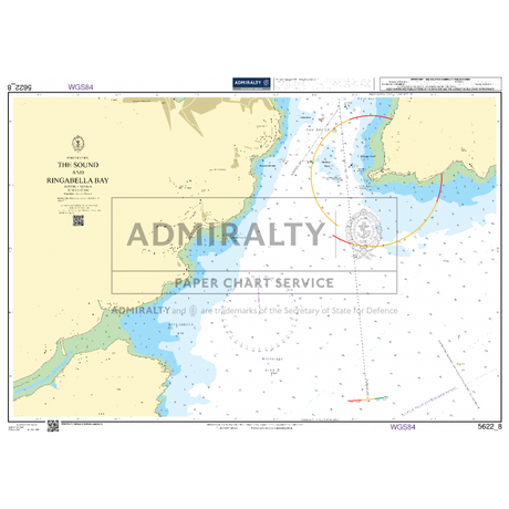 The Admiralty Small Craft Chart - 5622, covering the region from Waterford to Kinsale in southern Ireland, is perfect for coastal navigation. It features detailed bathymetric data, navigational aids, and marked shipping routes. This chart highlights coastal details and underwater topography with the Admiralty logo prominently displayed in the center.