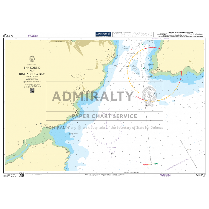 Admiralty's Small Craft Chart 5622_8: The Sound and Ringabella Bay offers a detailed nautical chart featuring comprehensive coastal areas, water depths, navigational markers, a compass rose, and geographic coordinates. Designed for maritime navigation, this chart includes detailed coastline and seabed features and is part of the UK Hydrographic Office's Admiralty series.