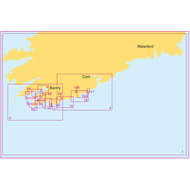 The Admiralty Small Craft Charts - 5623 - South West Coast of Ireland, by Admiralty, highlights the southwestern part of Ireland, including regions such as Cork and Waterford. This chart outlines and labels different sections with numbers (1 through 18) and letters (A, B, C), providing detailed areas around Bantry and Cork. Ideal for coastal navigation, it features land depicted in yellow and water in blue.