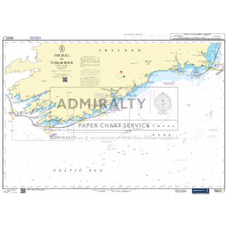 Admiralty Small Craft Charts - 5623 - South West Coast of Ireland depicts the Southwestern coast of Ireland, including landmarks such as The Bull and Tuskar Rock. This Admiralty chart highlights various coastal and offshore features, navigational aids, water depths, and geographic coordinates essential for safe coastal navigation.