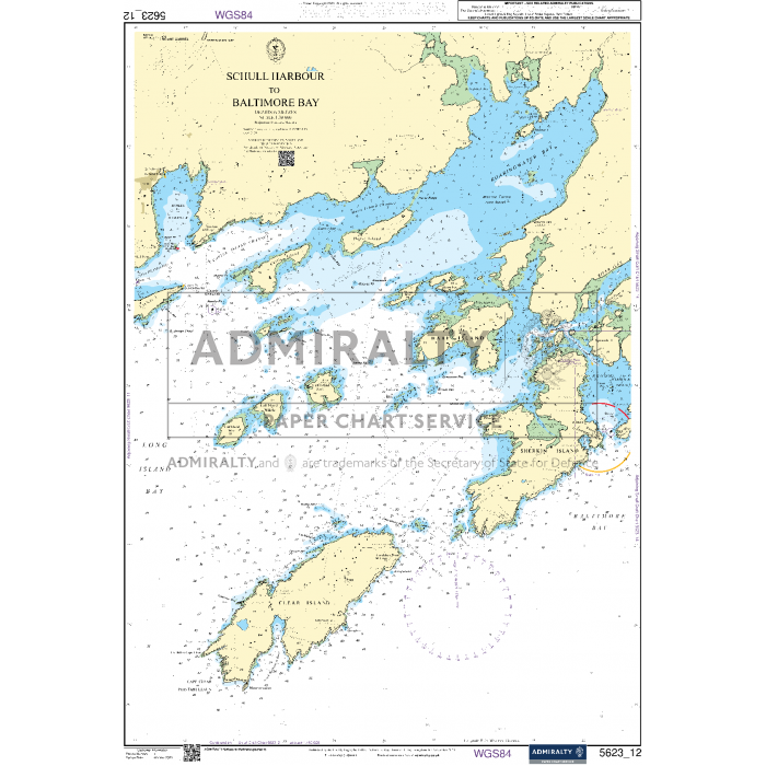 A nautical chart depicting Schull Harbour and Baltimore Bay in Ireland. Ideal for coastal navigation, this Admiralty Small Craft Chart - 5623 from Admiralty details coastal lines, water depths, navigation aids, and symbols indicating underwater hazards. Annotations and coordinates are marked around the edges of the chart.