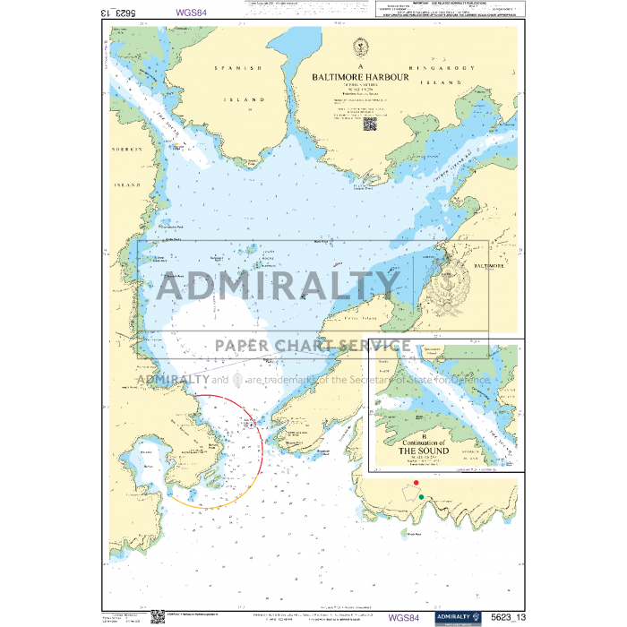 A nautical chart titled "Admiralty Small Craft Charts - 5623 - South West Coast of Ireland" focuses on the South West Coast of Ireland, detailing maritime navigation with depths, hazards, and coastal landmarks. This ADMIRALTY chart also includes an inset on the bottom right highlighting a specific area for precise coastal navigation.