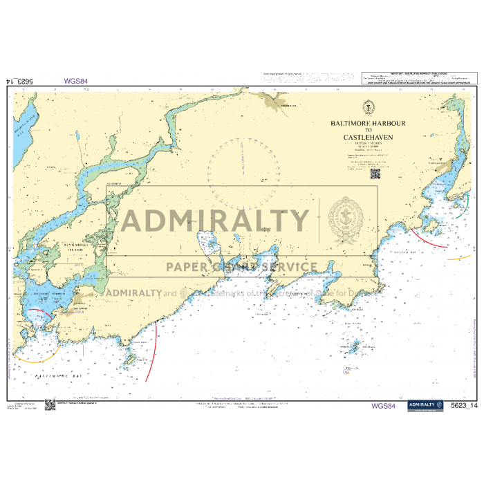 The Admiralty Small Craft Chart 5623_14: Baltimore Harbour to Castlehaven provides a detailed representation of coastal outlines, water depths, navigation aids, and sea routes. The land areas exhibit topographic features and prominently feature the "ADMIRALTY" brand at the center as part of the Admiralty Small Craft Charts collection.