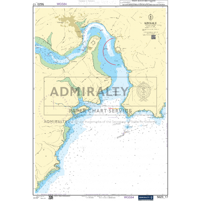 The Admiralty Small Craft Charts - 5623 - South West Coast of Ireland is a nautical chart specifically designed for coastal navigation around Kinsale. It showcases detailed coastal features, including depths, navigational markers, and hazards. Prominent elements include yellow land contours, blue-shaded water depths, and navigational aids marked with symbols. This comprehensive ADMIRALTY chart also includes coordinates and scale for precise navigation.