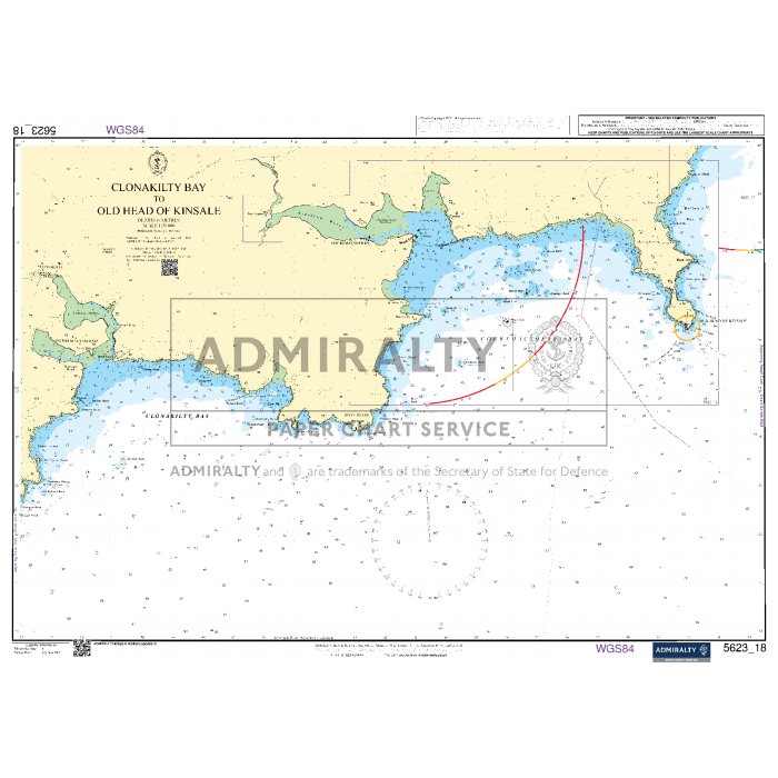 A nautical chart titled "Admiralty Small Craft Charts - 5623 - South West Coast of Ireland" portrays coastal regions in yellow, with sea areas in blue and white, featuring various navigational markers. The brand name "ADMIRALTY" is centrally overlaid. This chart includes depth measurements and coordinates, making it ideal for small craft navigation along the coast.