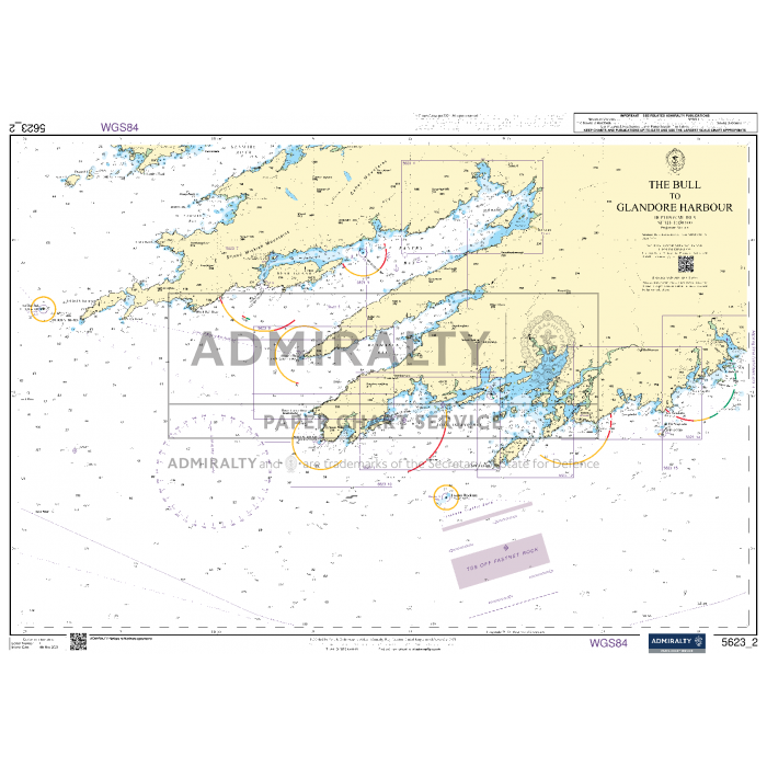 The Admiralty Small Craft Chart 5623, titled "South West Coast of Ireland," provides detailed mappings of coastlines, water depths, and navigational aids for The Bull and Glandore Harbour. This chart features various symbols, directional lines, and annotations to guide coastal navigation for small craft.