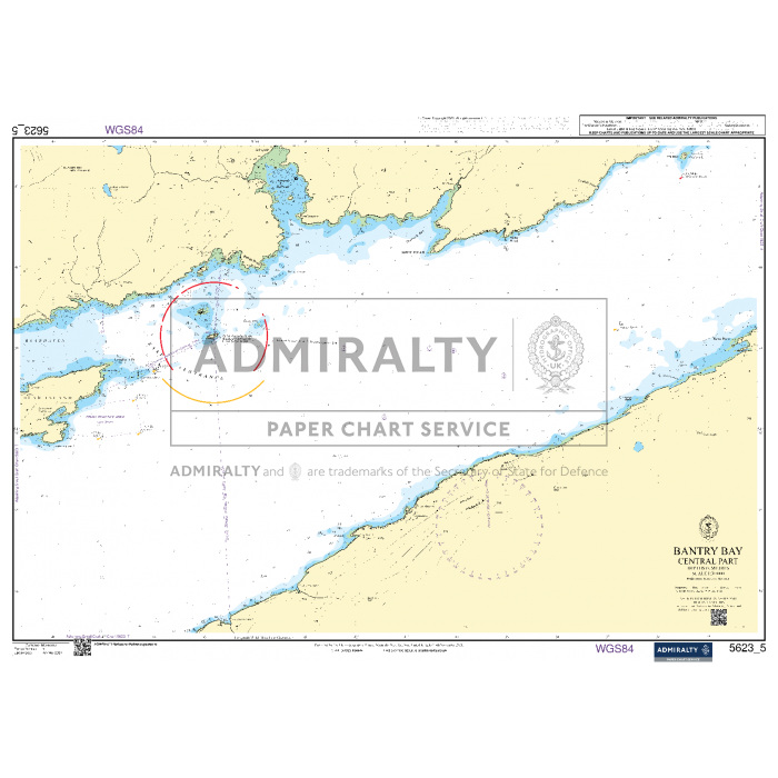 The Admiralty Small Craft Chart 5623 - South West Coast of Ireland, depicting Bantry Bay Central Part, provides a detailed illustration of water depths, navigational aids, and landmarks essential for coastal navigation. This chart includes an inset and features the distinctive 'ADMIRALTY Paper Chart Service' watermark typical of Admiralty charts.