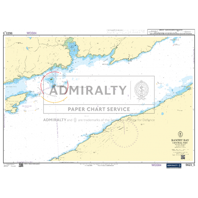 Nautical chart titled "Admiralty Small Craft Chart 5623_5: Bantry Bay Central Part" by Admiralty, depicting detailed coastal outlines and water depths of Bantry Bay in the Atlantic Ocean. The map features navigation aids and geographic coordinates, with a centered watermark reading "Admiralty Small Craft Chart" from the UK Hydrographic Office.