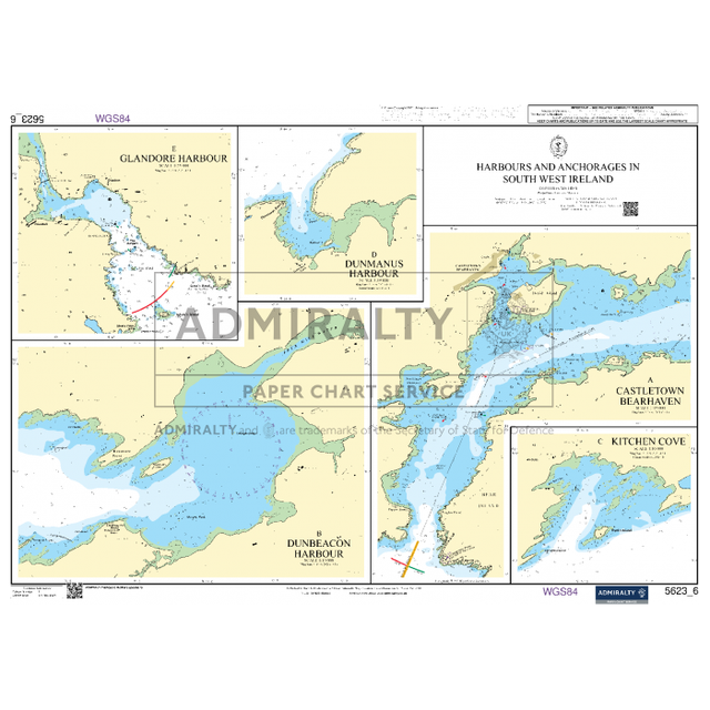 The Admiralty Small Craft Chart 5623_6 illustrates harbors and anchorages in South West Ireland, such as Glandore, Dunmanus, and Castletown Bearhaven. Produced by Admiralty from the UK Hydrographic Office, it includes coastal outlines, water depth details, navigational marks, and other key navigation aids.