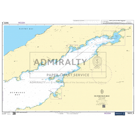 The Admiralty Small Craft Chart 5623, part of the South West Coast of Ireland series by Admiralty, provides a detailed nautical map of Dunmanus Bay. It showcases essential marine features such as depths, coastal outlines, and navigational aids within the bay area. The chart includes marked coordinates and labels for various sections, including Rathravane Point and Mizen Head, making it ideal for coastal navigation with small craft.