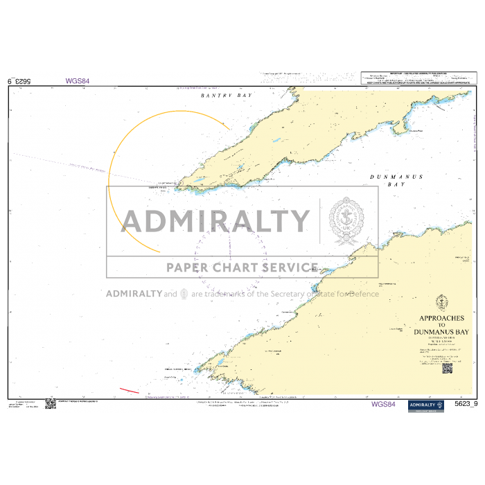 The Admiralty Small Craft Charts - 5623 - South West Coast of Ireland display the approaches to Dunmanus Bay and Bantry Bay off southwest Ireland. Important navigational markers and depth contours are represented through symbols and shading. These Admiralty charts are perfect for coastal navigation, ensuring mariners can navigate safely and confidently.