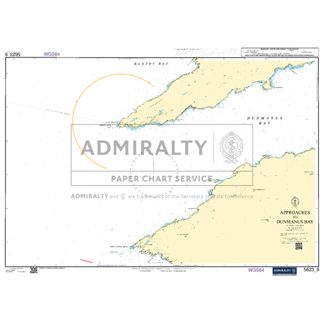 The Admiralty Small Craft Chart 5623_9: Approaches to Dunmanus Bay, produced by Admiralty, offers detailed information on coastal contours, water depths, navigation aids, and hazards around Dunmanus Bay in Ireland. The chart has been updated with a compass rose and grid lines to facilitate accurate navigation.