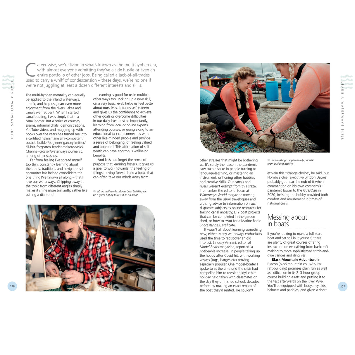 A magazine spread presents an article with visuals. On the left page, a man is seen crafting a small model boat, while the right page captures two individuals kneeling to tie a rope. Text encircles both images, exploring hobbies and multitasking as integral components of the Blue Health Revolution. The featured product is "Just Add Water" by Adlard Coles.