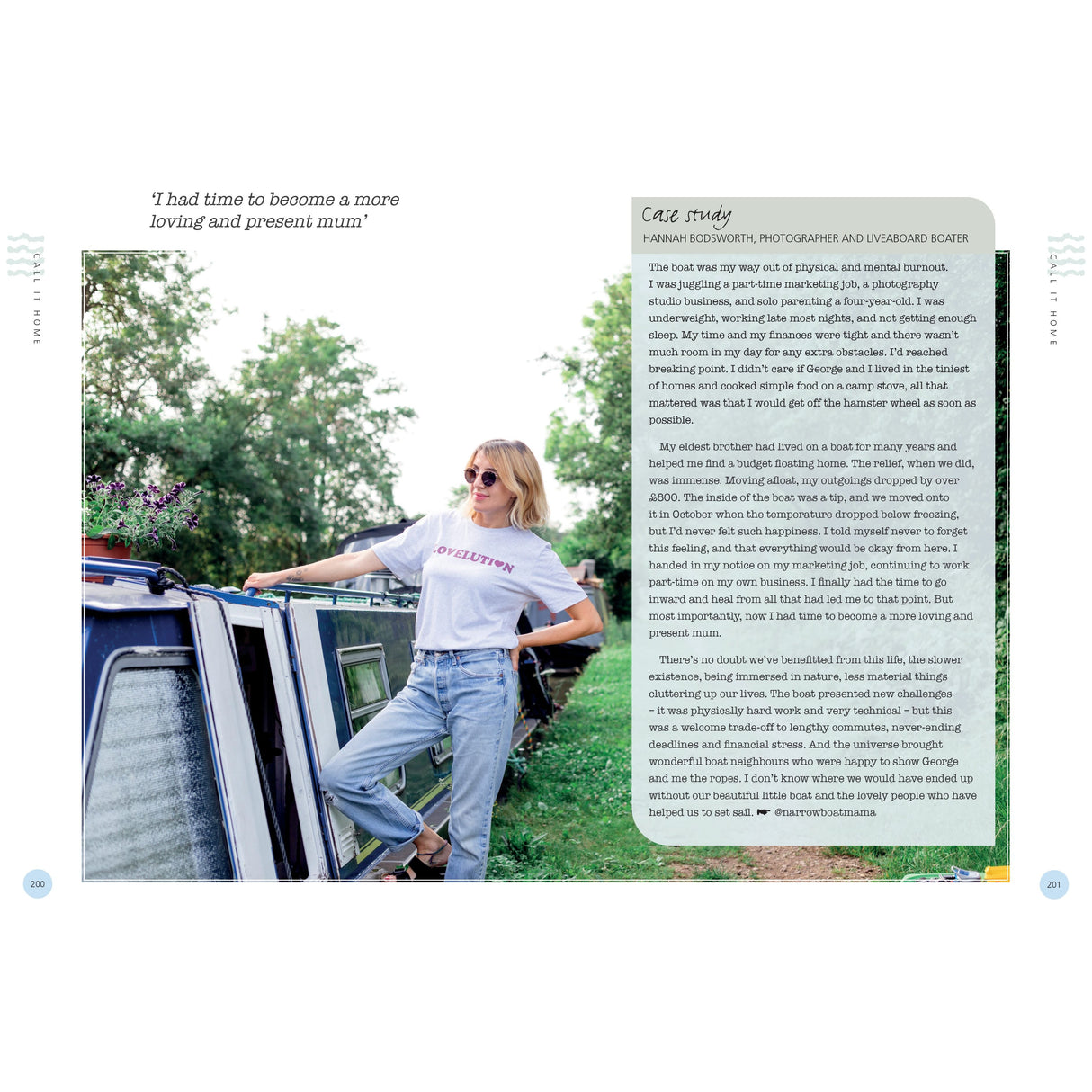 A woman in sunglasses leans against a narrowboat on a tranquil UK river, surrounded by lush greenery. Dressed in a white t-shirt and jeans, she looks thoughtfully into the distance. The accompanying text likely shares a personal story, perhaps inspired by "Just Add Water" from Adlard Coles and its emphasis on waterway activities within the Blue Health Revolution.