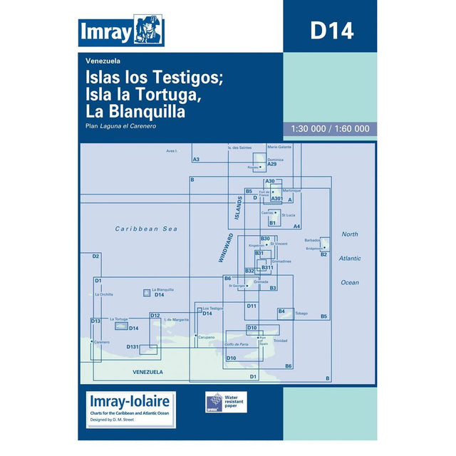 Imray Chart D14: Islas Los Testigos, Isla la Tortuga & La Blanquilla features detailed Caribbean Sea coverage with labeled areas. Compatible with GPS navigation and part of Imray's trusted Caribbean chart series.