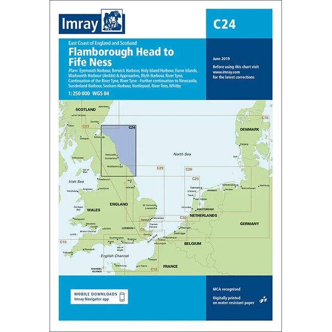 Imray Chart C24 | Flamborough Head to Fife Ness, by Imray, provides detailed maritime navigation information for the east coast of England and Scotland. This chart covers both offshore and inshore passages and includes locations like Blyth, Newcastle, and Berwick. It was published in June 2019.