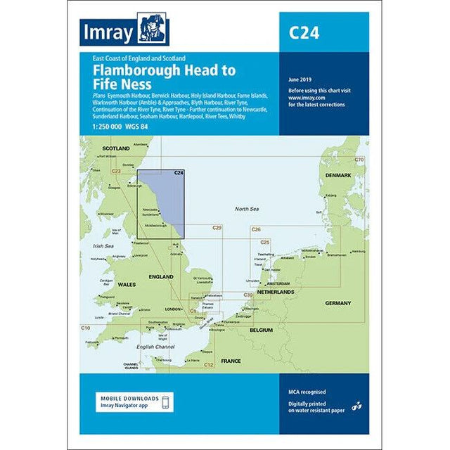 Imray Chart C24 | Flamborough Head to Fife Ness, by Imray, provides detailed maritime navigation information for the east coast of England and Scotland. This chart covers both offshore and inshore passages and includes locations like Blyth, Newcastle, and Berwick. It was published in June 2019.