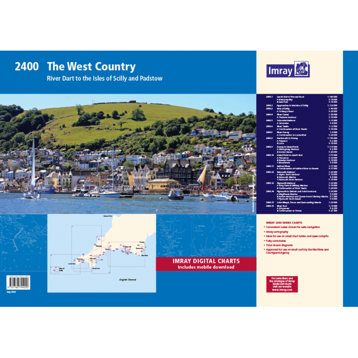 Cover image of the "Imray Chart Pack 2400 | The West Country" by Imray, featuring a panoramic view of a coastal town with hills in the background. The cover includes a map of southern England, UKHO data, a list of included charts, and mentions digital chart access via the Imray Navigator app.