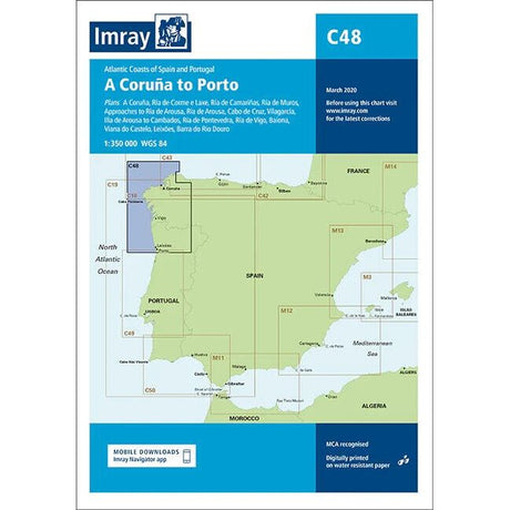 The Imray Chart C48 | A Coruña to Porto, produced by Imray, is now available on durable Pretex paper. This nautical chart covers the Atlantic coasts of Spain and Portugal, including detailed views of ports such as La Coruña, Lisboa, and Porto. With a scale of 1:350,000, it's perfect for enthusiasts of North West Europe navigation charts.