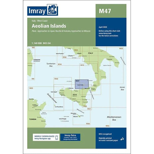 The Imray Chart M47, titled "Aeolian Islands," is the latest edition from April 2020. This nautical chart by Imray highlights essential Mediterranean navigation charts, covering the western coast of Italy with a focus on the Aeolian Islands, Lipari, Bocche di Vulcano, and Milazzo. It is printed on durable Pretex paper and includes detailed grid and navigational information.