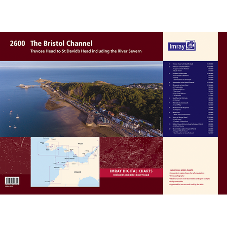 Nautical chart title page showing "Imray Chart Pack 2600 | The Bristol Channel" by Imray. Features an aerial photograph of a coastal area, including Milford Haven, a small map, and a list of chart numbers. Includes digital download information.