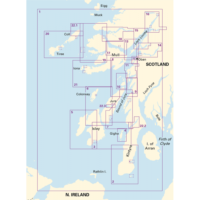 A map displaying the Inner Hebrides of Scotland, including areas like Mull, Islay, Jura, Colonsay, Iona, Gigha, and the Small Isles. Utilizing the Imray Chart Pack 2800 | Kintyre to Ardnamurchan by Imray, boundaries and labels highlight zones with markers for prominent islands and coastal areas.