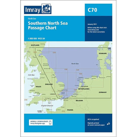 The Imray Chart C70 | Southern North Sea Passage Chart, part of the Imray's North West Europe charts collection, focuses on the sea area between the eastern coast of England and the western coasts of the Netherlands, Belgium, and France. It includes geographical details of coastal regions and navigational routes. The latest edition is available on Pretex paper.