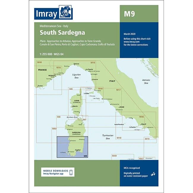 Imray's Chart M9, titled "South Sardegna," covers the southern coast of Sardinia including adjacent waters and key ports. The map is printed on durable Pretex paper and was last updated in March 2020. Additional resources and download options are available.