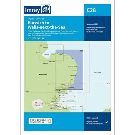 The Imray Chart C28, titled "Harwich to Wells-next-the-Sea," covers the East Coast of England and is part of the Imray collection. This chart includes navigational details and ports such as Harwich, Blythburgh Harbour, and Wells-next-the-Sea, with a publication date of September 2022.