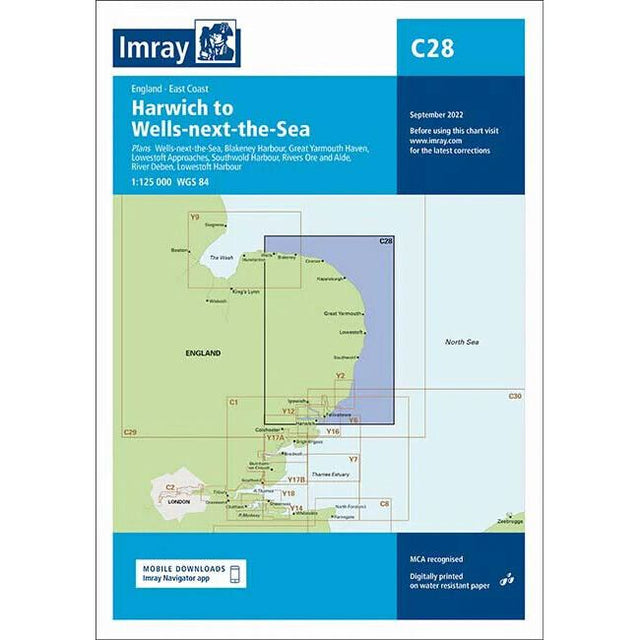 The Imray Chart C28, titled "Harwich to Wells-next-the-Sea," covers the East Coast of England and is part of the Imray collection. This chart includes navigational details and ports such as Harwich, Blythburgh Harbour, and Wells-next-the-Sea, with a publication date of September 2022.