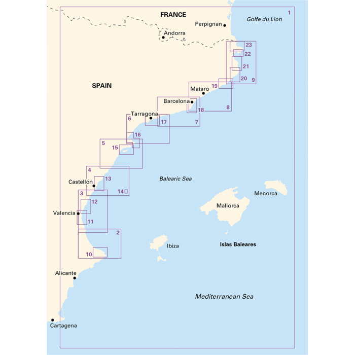 Imray Chart Pack 3220 | Cabo De La Nao to the French Border presents a detailed map of Mediterranean Spain and southern France, featuring the coastline and Balearic Islands. Key cities such as Barcelona, Valencia, and Tarragona are clearly labeled. The map also includes numbered rectangles along the coast, which indicate different segments or zones ideal for use with a cruising atlas or Imray digital charts.