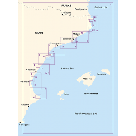 Imray Chart Pack 3220 | Cabo De La Nao to the French Border presents a detailed map of Mediterranean Spain and southern France, featuring the coastline and Balearic Islands. Key cities such as Barcelona, Valencia, and Tarragona are clearly labeled. The map also includes numbered rectangles along the coast, which indicate different segments or zones ideal for use with a cruising atlas or Imray digital charts.