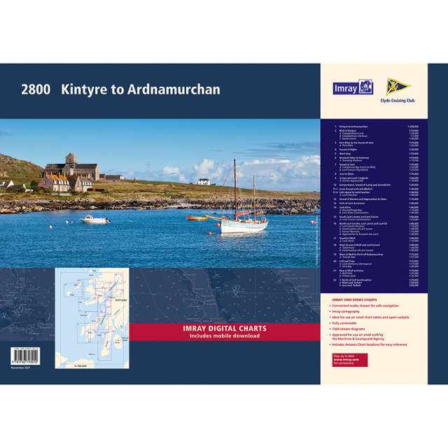 Cover of the Imray Chart Pack 2800 | Kintyre to Ardnamurchan by Imray and the Clyde Cruising Club, featuring a photograph of sailboats and a coastal landscape. Includes a map inset and list of chart details on the right. Logos for Imray, Clyde Cruising Club, and Antares Charts are prominently displayed.