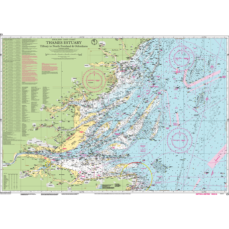 The Imray Chart C1 | Thames Estuary by Imray is a detailed nautical chart of the Thames Estuary that shows depths, navigational aids, and sea routes. This chart covers the area from Tilbury to North Foreland & Orfordness, using various symbols and colors to depict hazards, lighthouses, buoys, and shipping lanes for both inshore navigation and offshore passages.