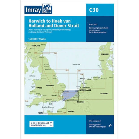 The Imray Chart C30, titled "Harwich to Hoek van Holland and Dover Strait" by Imray, is the latest edition featuring a detailed map of southern UK, Belgium, the Netherlands, and northern France. It highlights coastal areas and nautical routes and includes update information along with digital download options.