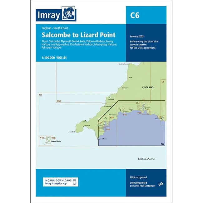 The Imray Chart C6 titled "Salcombe to Lizard Point" from Imray highlights the South Coast of England, depicting various harbors and coastal areas. It is printed on durable Pretex paper and includes interactive features under North West Europe navigation charts.