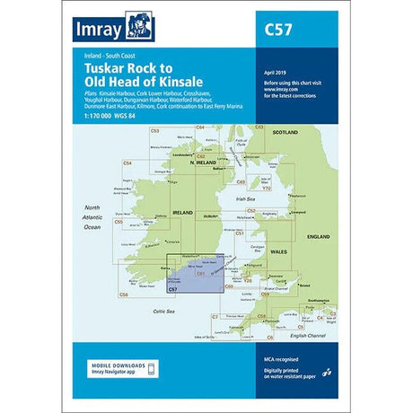 The Imray Chart C57 titled "Tuskar Rock to Old Head of Kinsale" covers the southeast coast of Ireland. Printed on durable Pretex paper, it includes detailed information for ports, anchorages, and marine boundaries. This latest edition by Imray showcases water depths, land features, and navigational aids along with an insert for the Kinsale Harbor area.