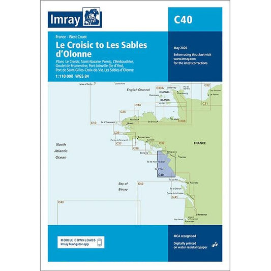 Nautical chart "Imray Chart C40 | Le Croisic to Les Sables d'Olonne" by Imray, covering France's west coast with notable harbors and navigation aids. The latest edition from May 2020 features coastal details, navigational markers, and information on updating the chart via mobile downloads.