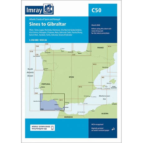 Imray Chart C50, titled "Sines to Gibraltar" by Imray, details the Atlantic Coast of Spain and Portugal on durable Pretex paper. The latest edition includes navigational information and coastal details with notable locations like Sines, Lagos, and Gibraltar at a scale of 1:350,000.