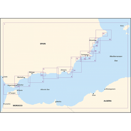 The Imray Chart Pack 3210 | Gibraltar to Cabo de la Nao by Imray offers a detailed map of Mediterranean Spain's Andalusian coast, ideal for coastal navigation. It highlights ocean grid coordinates along the Mediterranean Sea with key cities such as Cádiz, Gibraltar, Málaga, Almería, Cartagena, and Alicante marked by grid numbers from 1 to 21, indicating specific maritime zones.