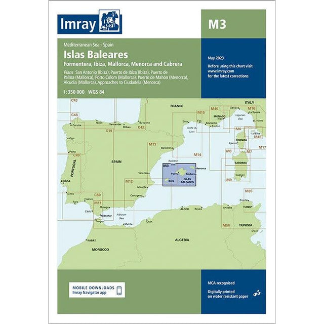 The Imray Chart M3 | Islas Baleares by Imray covers the M3 region, including Formentera, Ibiza, Mallorca, Menorca, and Cabrera. This May 2023 edition features coastal outlines, water depths, navigational markers, and harbors on durable Pretex paper.